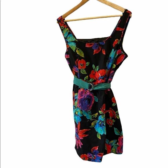RICKIS Cotton Floral Print ALine Belted Dress 12 - Picture 1 of 8